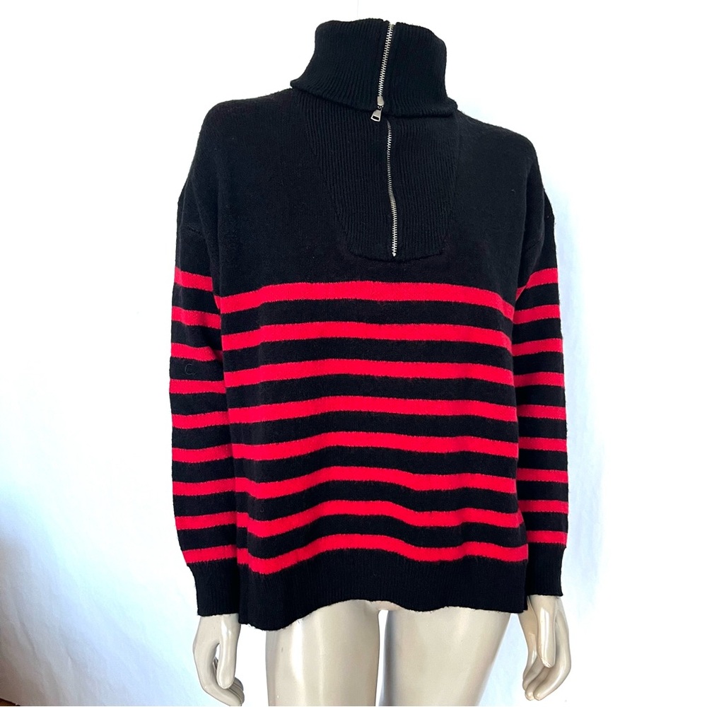 Women’s Loose High Neck Striped Drop Shoulder Knit Turtleneck Sweater - Picture 2 of 12